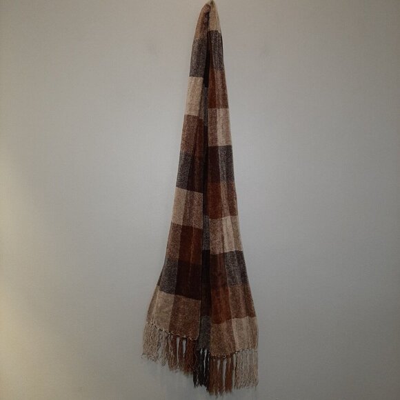 ❌SOLD❌ Brown Plaid Scarf Chenille Rectangular Fringe Fall Winter Womens Mens - Picture 10 of 10